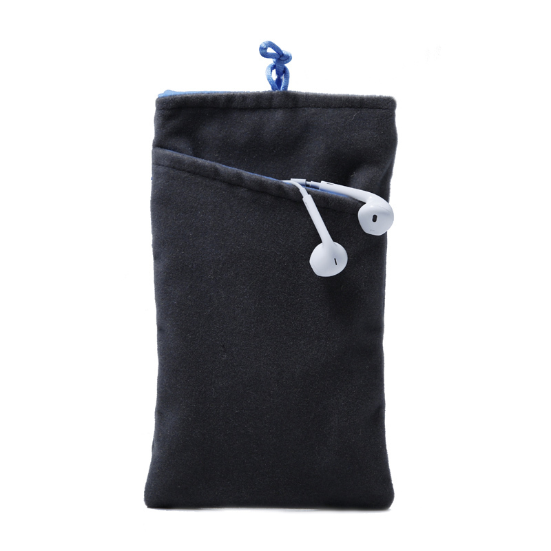 Grey velvet mobilephone pouch with front pocket for earbuds