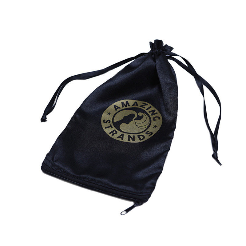 Custom Black Satin Drawstring Hair Packaging bag printed logo