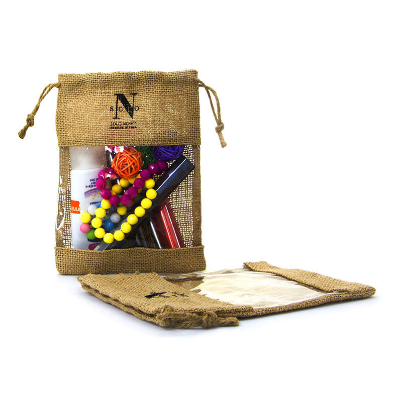 Custom natural jute drawstring bag with pvc window