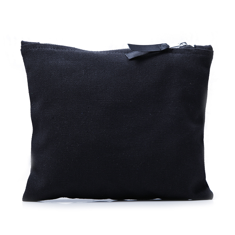 Wholesale custom black recycle cotton canvas metal zipper bag makeup pouch