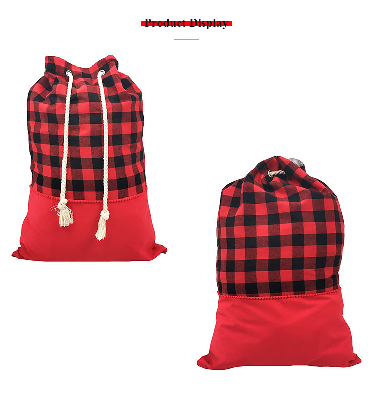 Custom large red plaid cotton canvas drawstring bag