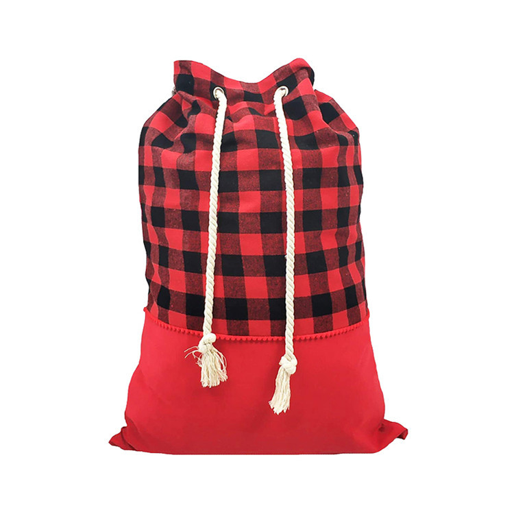 Custom large red plaid cotton canvas drawstring bag