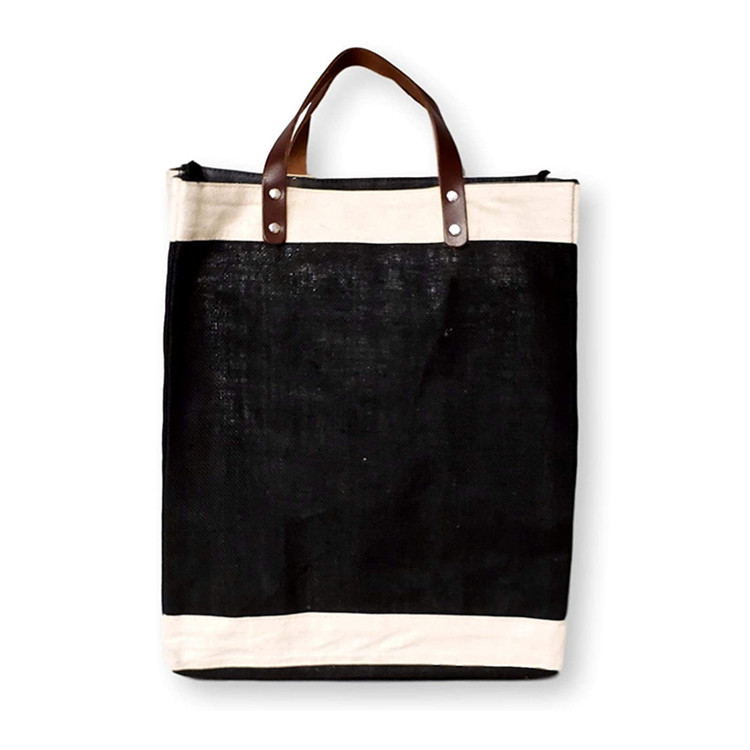 Reusable jute burlap fabric market bag with faux leather straps