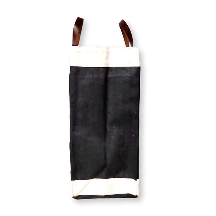 Reusable jute burlap fabric market bag with faux leather straps