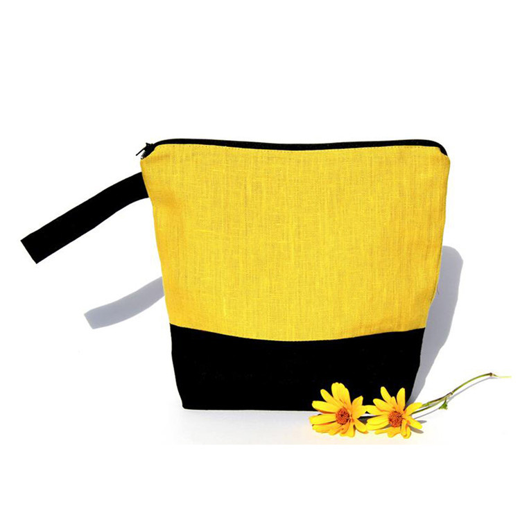 Yellow linen zipper cosmetic pouch packing gift jewelry bag with black handle