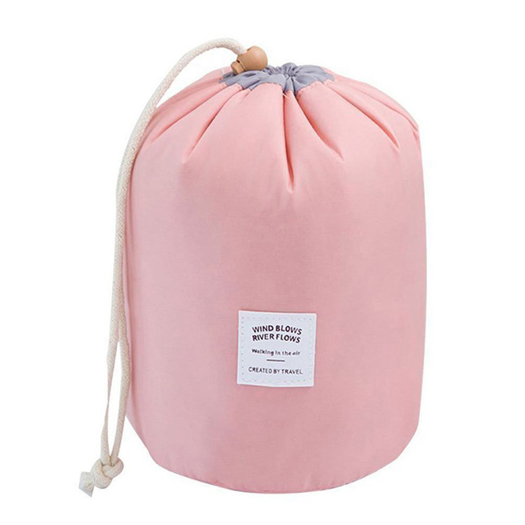 Nylon Make up bag round bottom drawstring bag cloth label