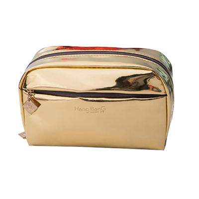 Gold pu leather zipper make up bag packing cosmetic brush bag