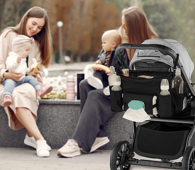 Black Polyester Diaper Organizer Bag Large Strollers Storage Baby Bag Carry Handle
