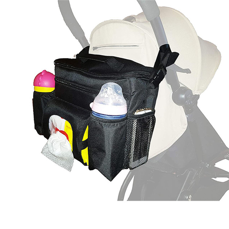 Black Polyester Diaper Organizer Bag Large Strollers Storage Baby Bag Carry Handle