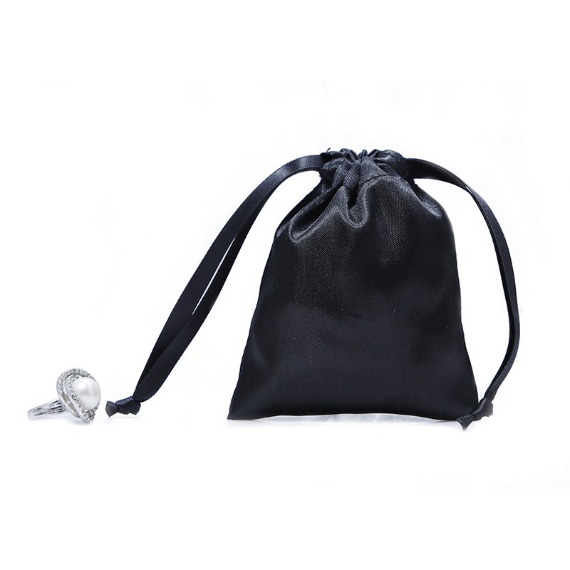 Small black satin drawstring bag gift ring jewelry bag