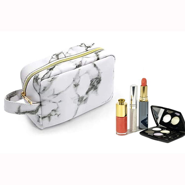 Waterproof toiletry cosmetics makeup lipstick eyeshadow travel zipper pu leather marble bag small handle