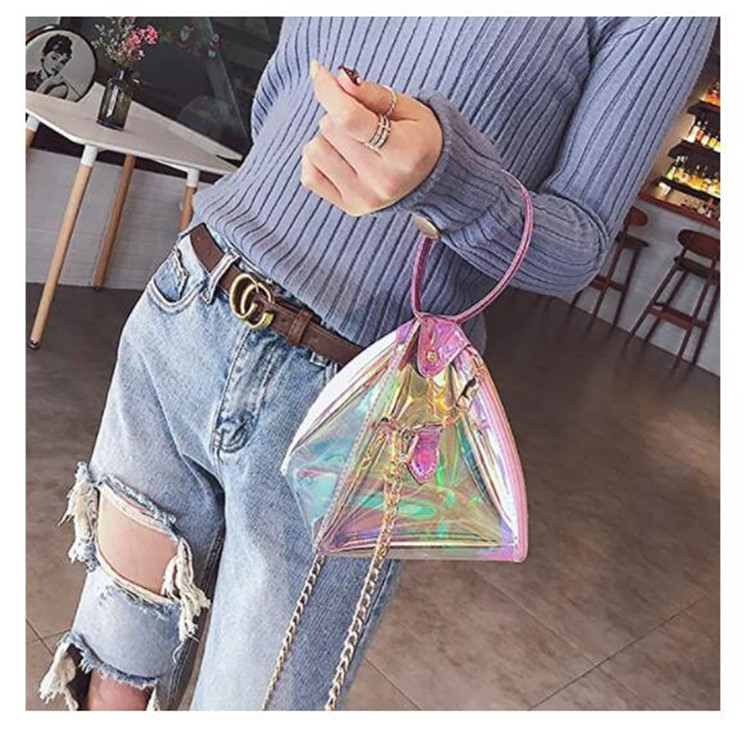 Custom beach travel shopping makeup lady pvc laser tote bag with chain