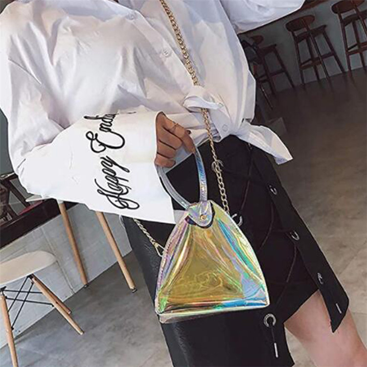 Custom beach travel shopping makeup lady pvc laser tote bag with chain