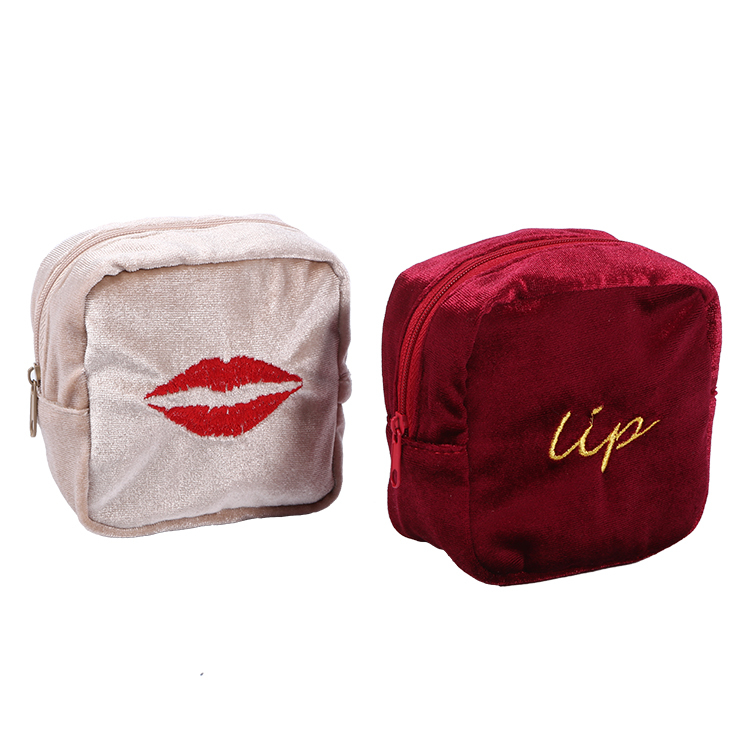 Custom red velvet zipper bag compartment lip brush makeup bag embroidery logo
