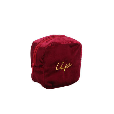 Custom red velvet zipper bag compartment lip brush makeup bag embroidery logo