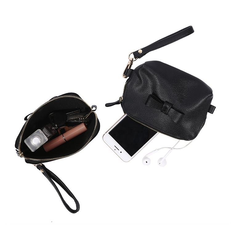 Black PU leather phone bag shopping travel zipper cosmetic bag with handle