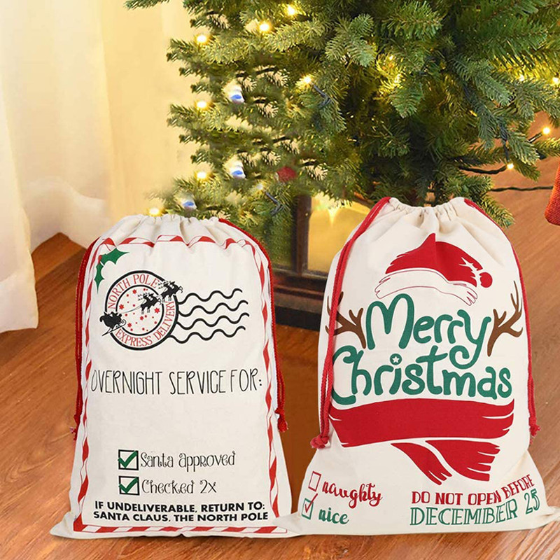 Wholesale price custom canvas christmas gift drawstring decoration storage sacks Santa carrier bag