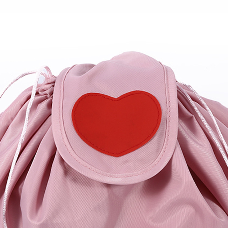 Ladies Double Layers Nylon Rounded Drawstring Lazy Makeup Travel Bag With Heart Design Patch