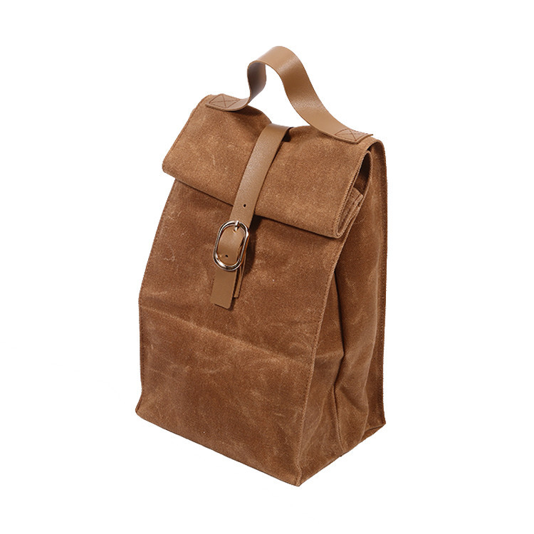 Premium Waterproof Waxed Canvas Casual Lunch Bag With Pu Leather Handle