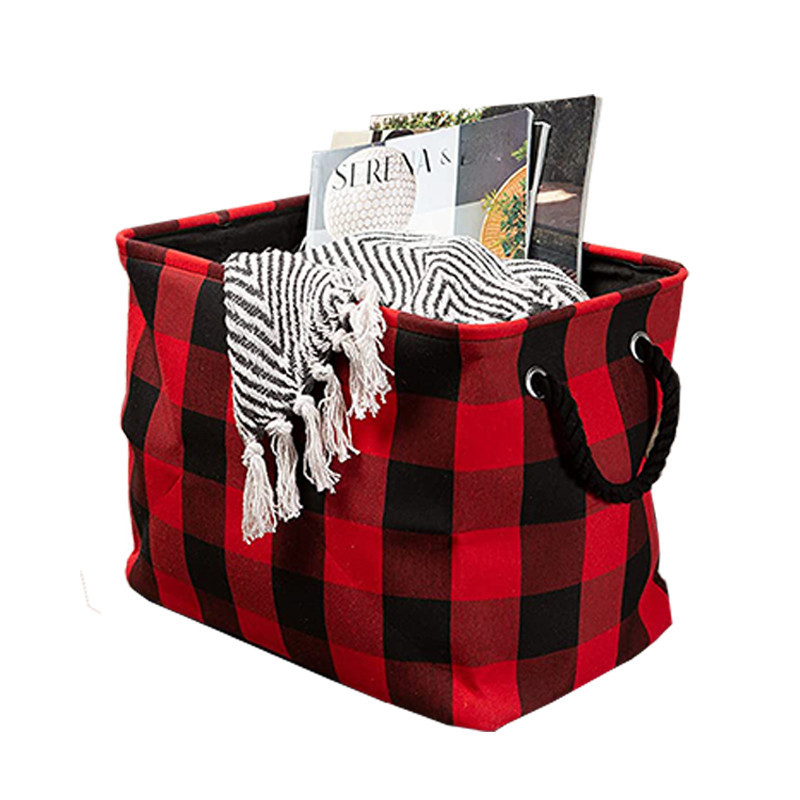Custom red gingham polyester storage toys clothes blankets bucket tote bag