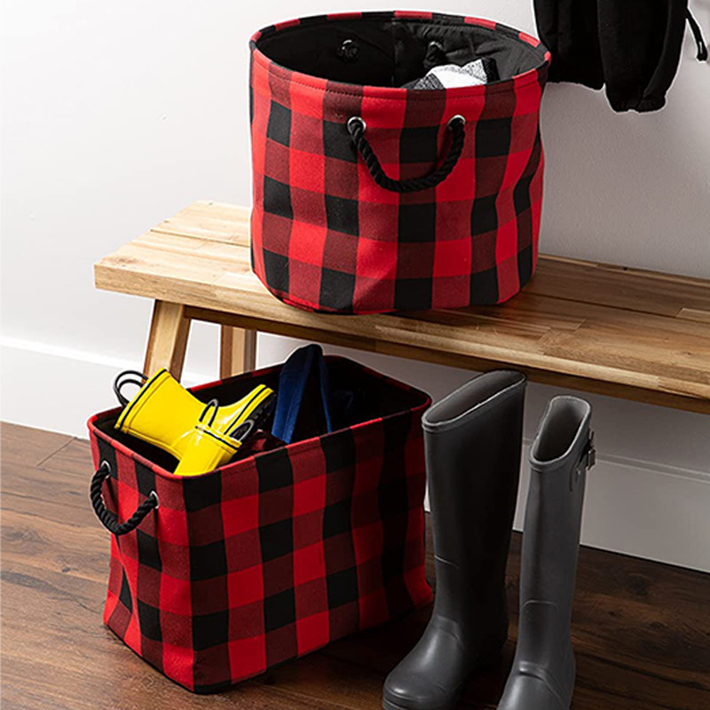 Custom red gingham polyester storage toys clothes blankets bucket tote bag