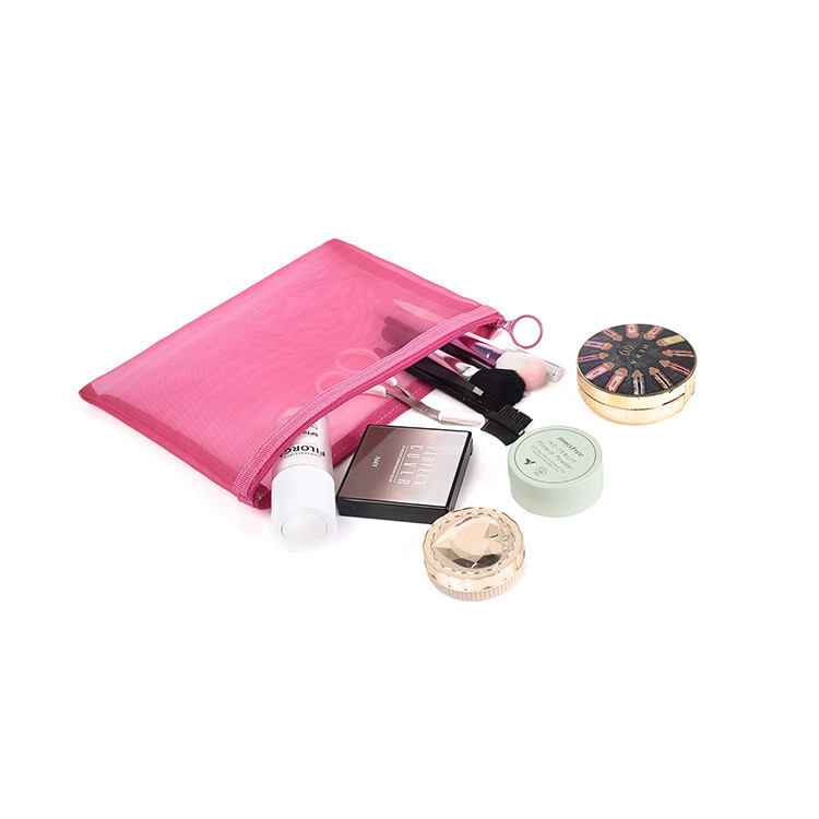 Custom Pink Nylon Mesh Zipper Bag Travel Package Cosmetic Makeup Bag