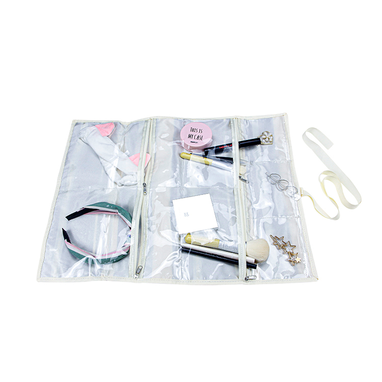 Satin storage jewelry roll up bag with pvc zipper pocket