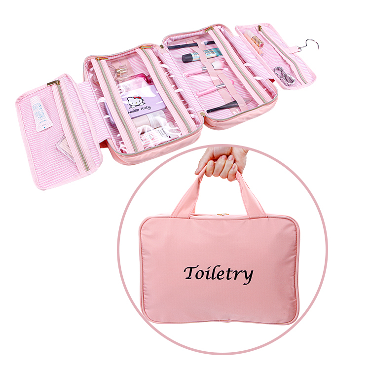Pink nylon makeup bag cosmetic organizer travel bag with handles