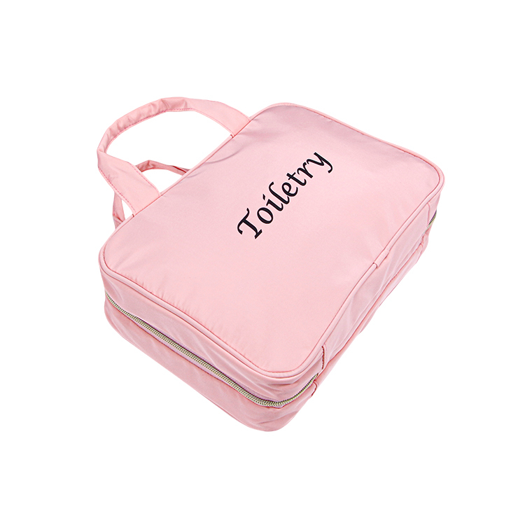 Pink nylon makeup bag cosmetic organizer travel bag with handles