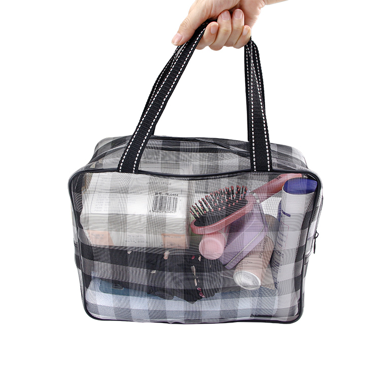 Custom big black buffalo plaid nylon mesh tote bag storage cosmetic cloth towel travel zipper bag