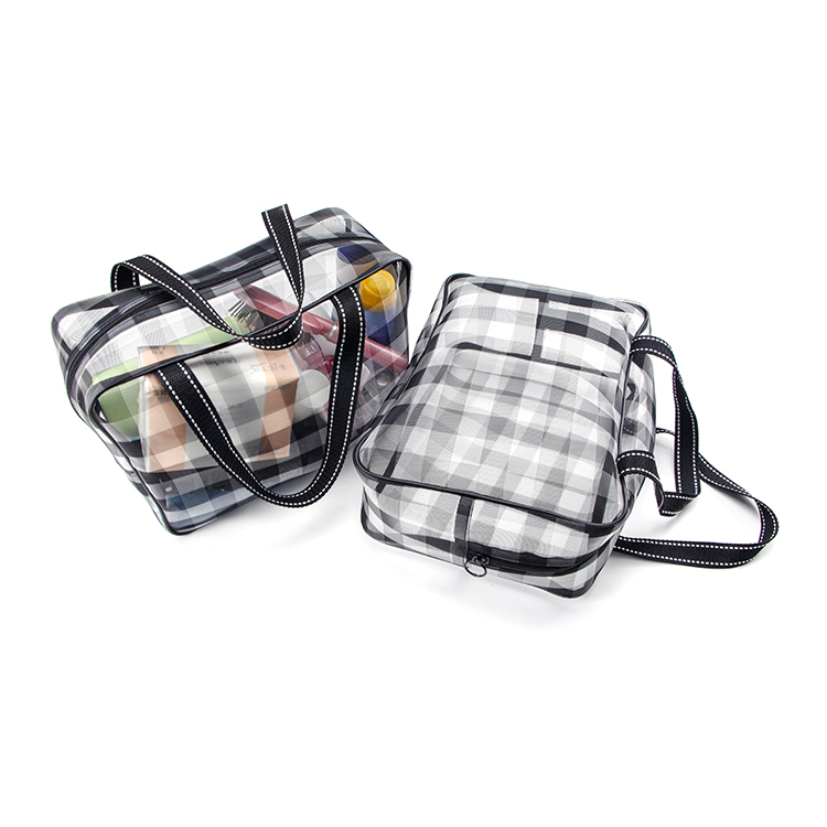 Custom big black buffalo plaid nylon mesh tote bag storage cosmetic cloth towel travel zipper bag