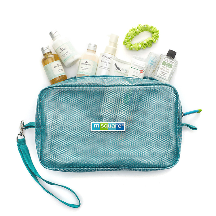 Custom PVC mesh zipper makeup cosmetic storage bag travel bag with handle