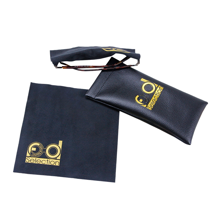 Custom black PU leather sunglasses pouch with spring opening