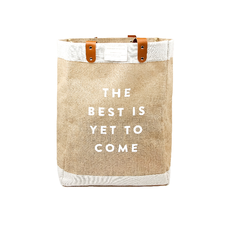 Custom print logo market grocery shopping jute tote bag travel beach bag with pu leather handles
