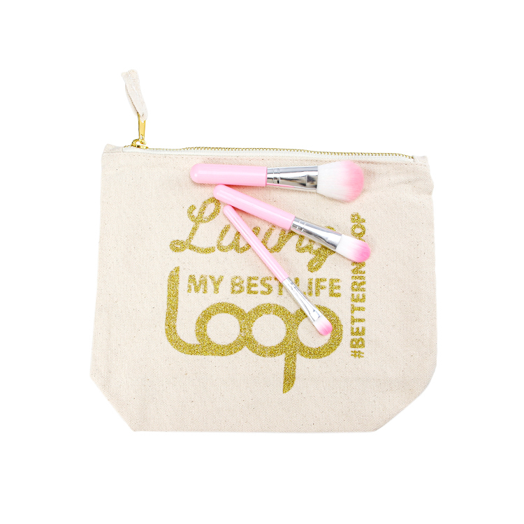 Free sample custom wholesale canvas makeup brush bag gold logo zipper cosmetic bag