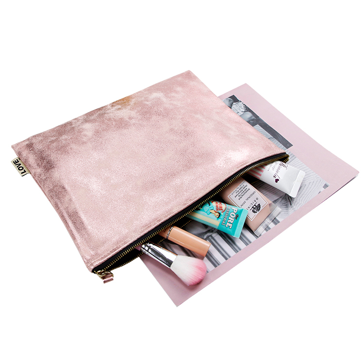 Custom plain rose gold PU leather cosmetic bag clutch girls makeup bag