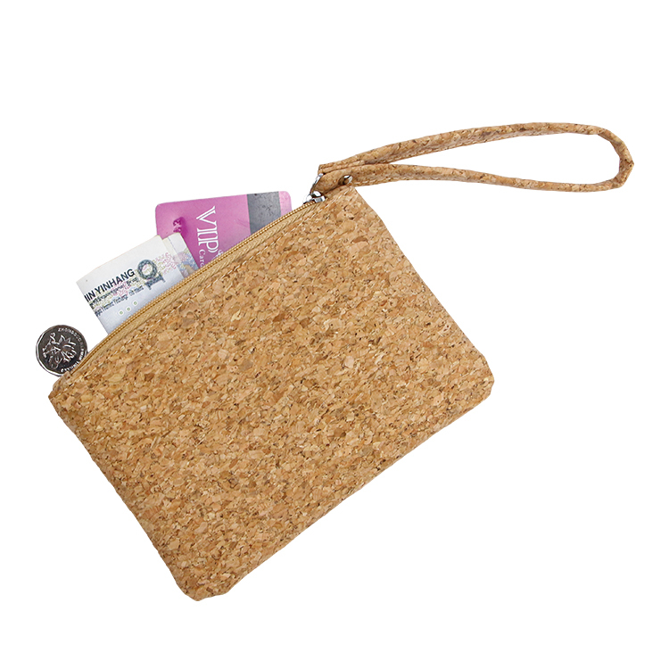 Custom size eco friendly cork zipper bag storage phone gift coin card pouch with handle