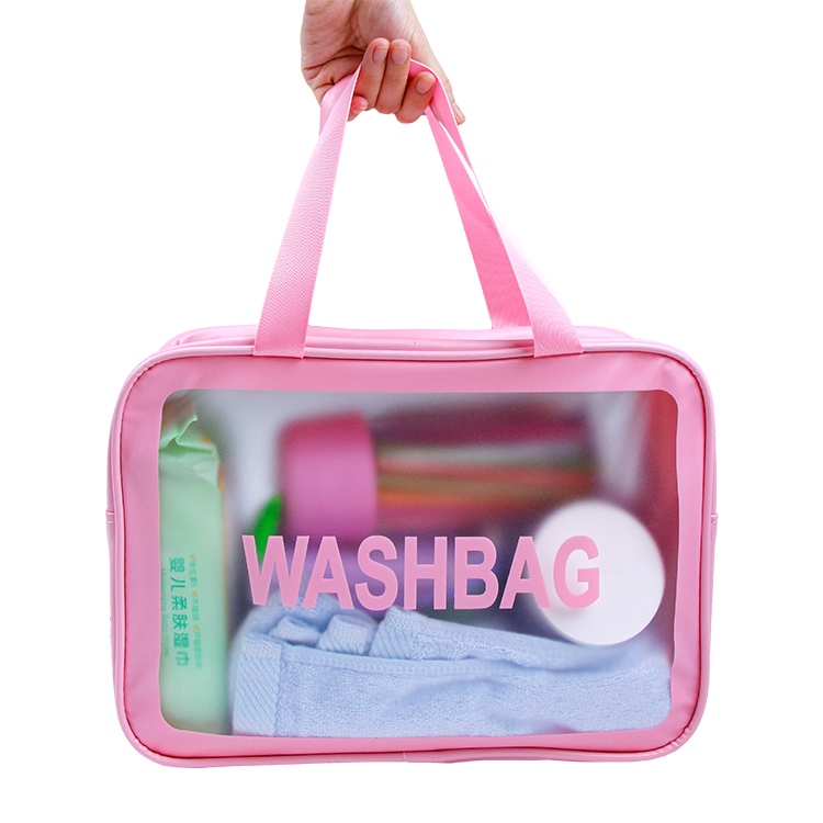 Custom pink pvc toiletry case makeup tote bag with pvc window