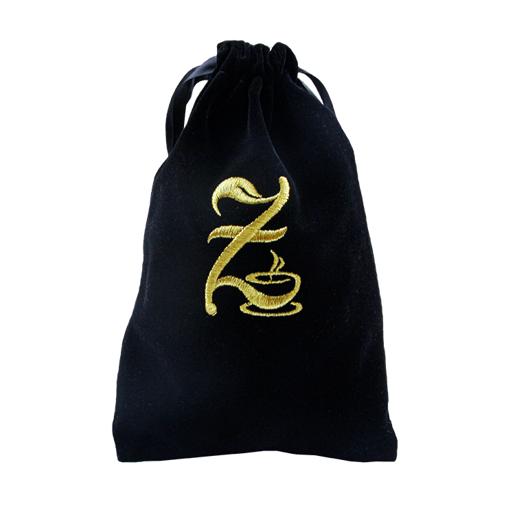 Custom embroidered gold logo black velvet drawstring bag jewelry bracelet pouch