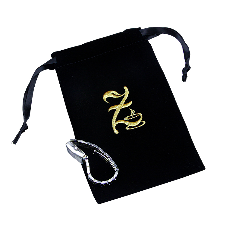 Custom embroidered gold logo black velvet drawstring bag jewelry bracelet pouch