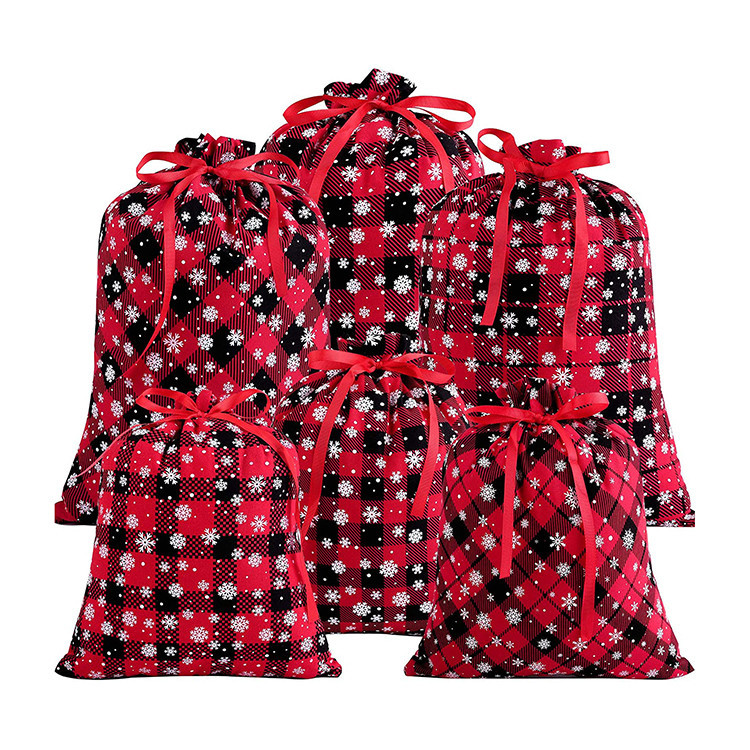 Christmas gift bag snow grid red cotton drawstring bag for kids
