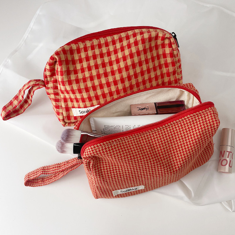 Orange plaid cotton cosmetic bag makeup zipper bag