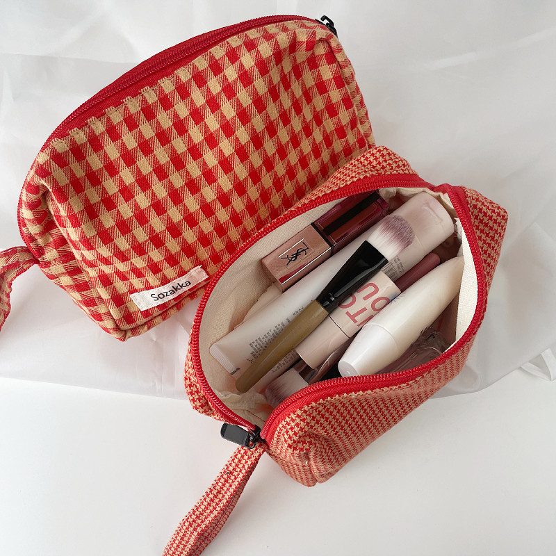 Orange plaid cotton cosmetic bag makeup zipper bag